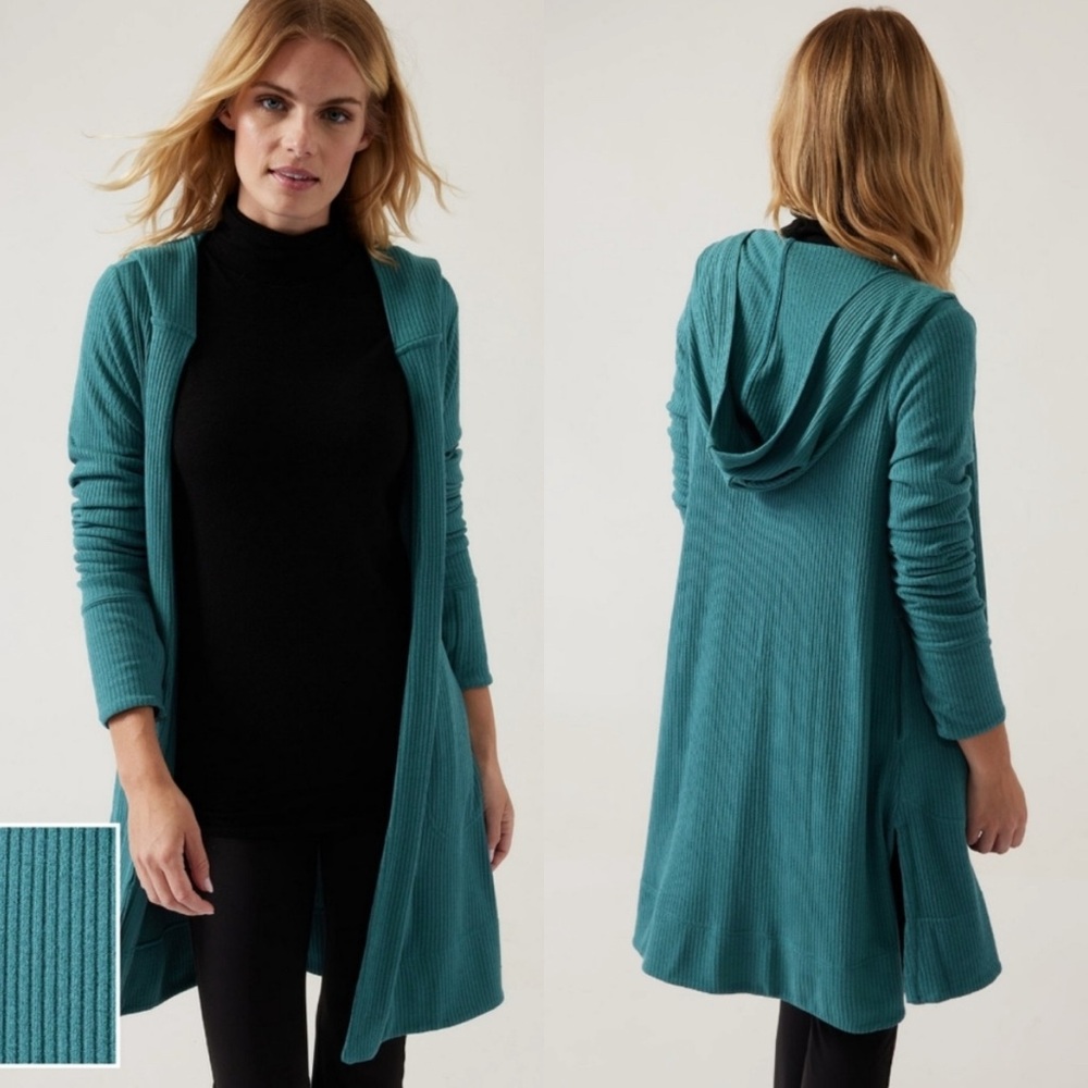 ATHLETA Harmony Pose Wrap Hooded Ribbed Yoga Cardigan in Dark Vista Teal Size S